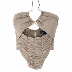 White Fox Halter Bodysuit Taupe Women’s Small Ruched Cutout Open Front Going Out